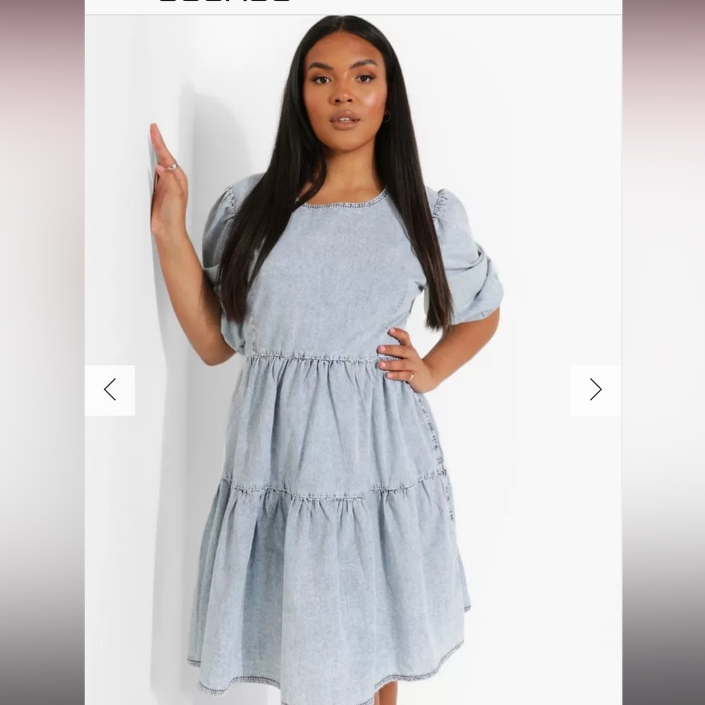 CHAMBRAY SHIRRED PUFF SLEEVE SMOCK DRESS
